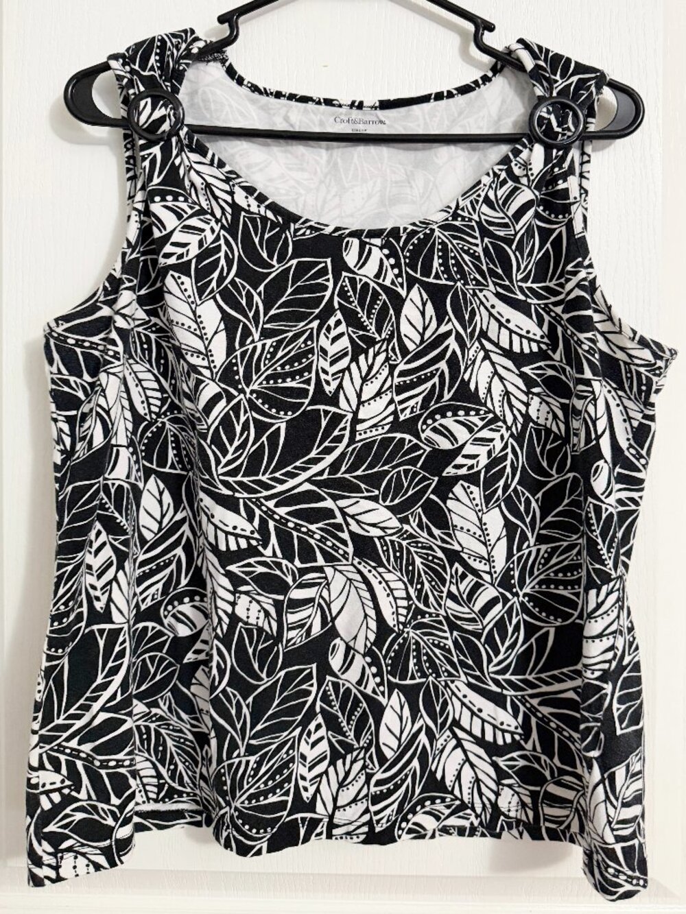 Croft & Barrow Black White Leaf Print Ring Strap Stretch Tank Top Size XL